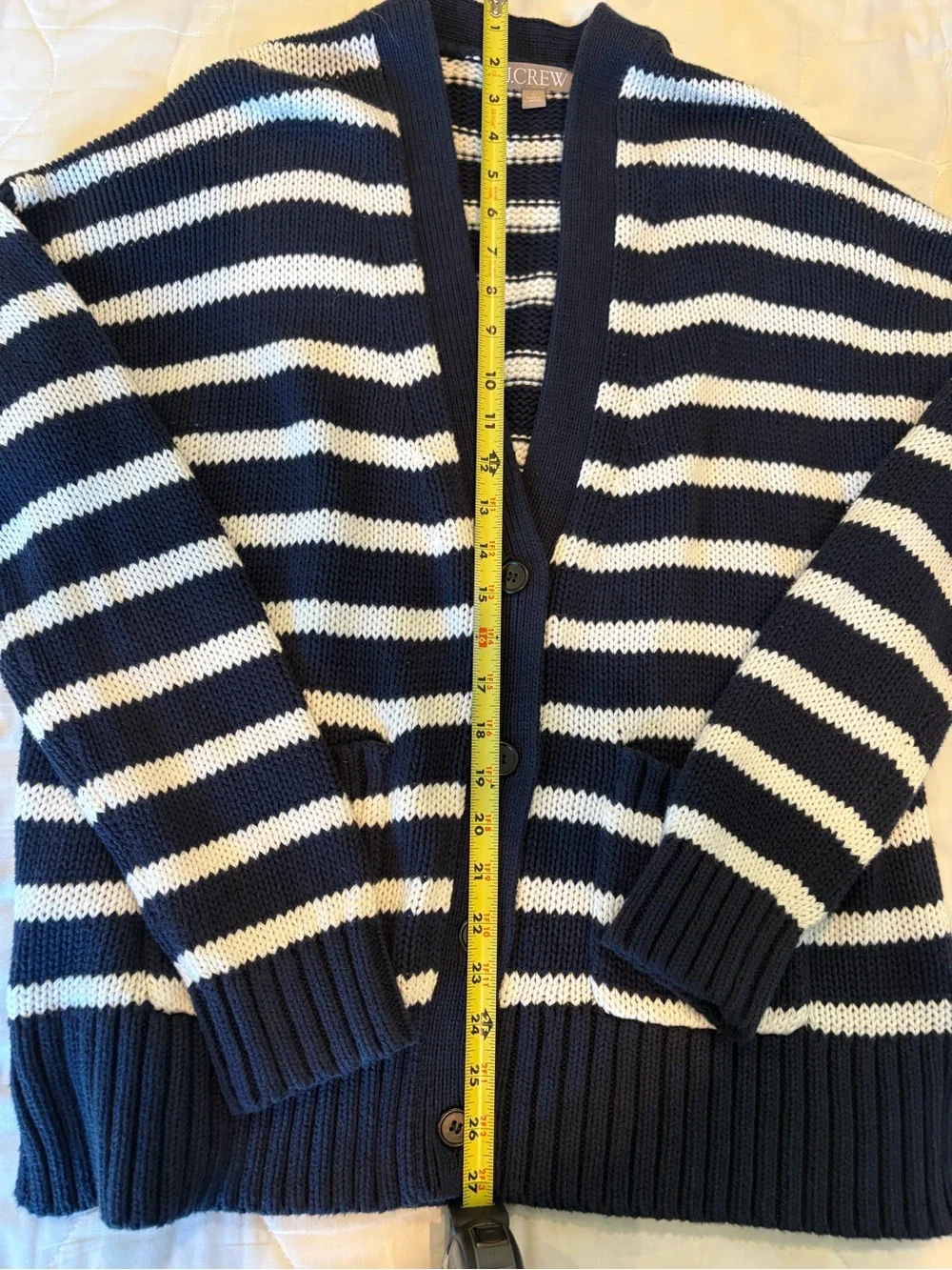 J. Crew Navy and White Striped Knit Cardigan, new no tags, Size L